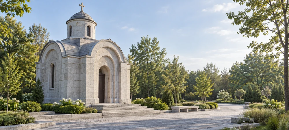 Тематическая ИИ-иллюстрация: Небольшая новая мемориальная часовня из светлого гранита в тихом сквере; видны каменные сводчатые блоки, швы и аккуратное благоустройство, без сходства с реальной часовней